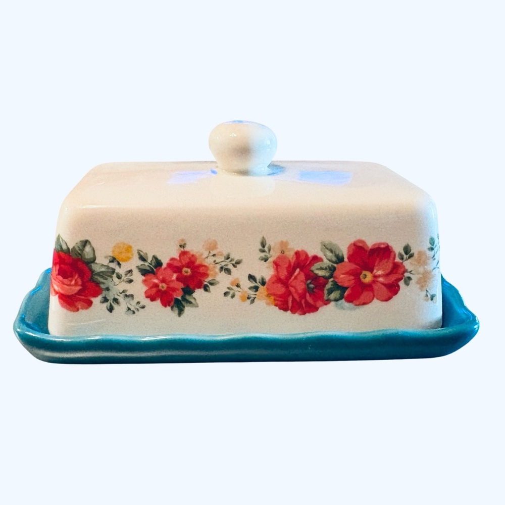 Floral Ceramic Butter Dish with Turquoise Base